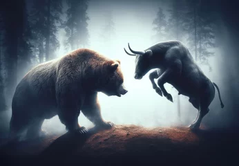 Fotobehang Bear and Bull Markets Confrontation © cherezoff