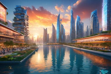 Obraz premium Future-type cities and buildings with lakes and panoramic views of the sky. Generative AI