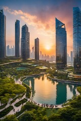 Fototapeta premium Future-type cities and buildings with lakes and panoramic views of the sky. Generative AI