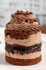 Chocolate and cocoa cake. Layer cake with fresh chocolate cream on a plate. Close up