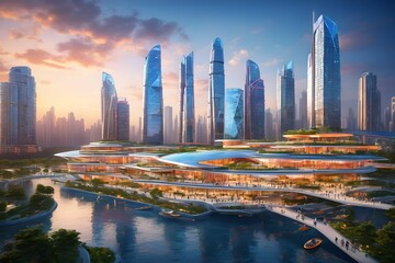 Obraz premium Future-type cities and buildings with lakes and panoramic views of the sky. Generative AI