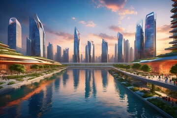 Naklejka premium Future-type cities and buildings with lakes and panoramic views of the sky. Generative AI