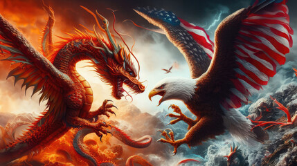 Fight between the Chinese Dragon and the USA Eagle - obrazy, fototapety, plakaty