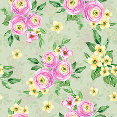 Watercolor hand drawn floral seamless pattern. Green leaves, pink ranunculus, rose, Botanical flowers illustration. Green background