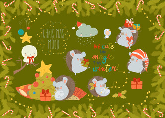 Set of Cute Playful Christmas Hedgehogs. Happy New Year, Merry Xmas Design Element