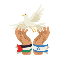 palestine and israel flags in hands with dove