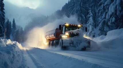 snowplow clearing a road during a blizzard - obrazy, fototapety, plakaty
