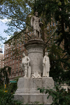 New York, NY - US - Oct 9, 2023 The Giuseppe Verdi Monument, a sculpture honoring composer Giuseppe Verdi in Verdi Square Park. The statue was created by Italian sculptor Pasquale Civiletti.