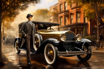 Independent American man. Old american 1920 year car. Generate AI