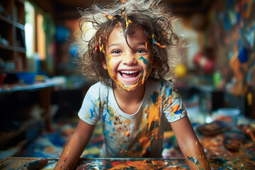 Close-up of boy covered in paint playing.