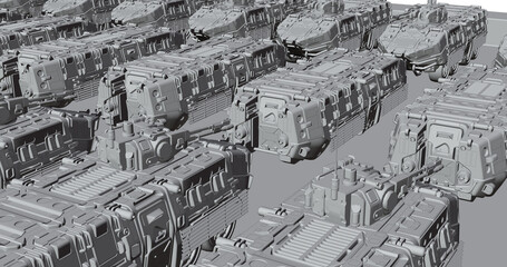 wheeled military tanks at the base, the squad is preparing for a mission, black-and-white drawing style, abstraction, 3d render - obrazy, fototapety, plakaty