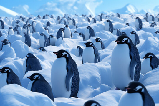 group of cute penguins in winter