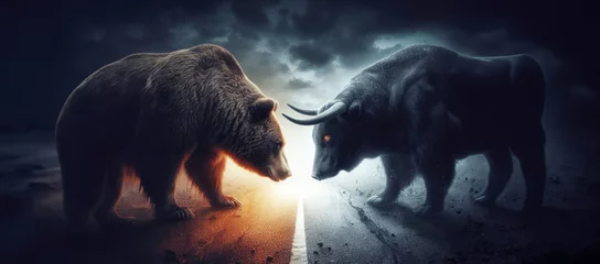 Fotobehang Bear and Bull Markets Confrontation © cherezoff