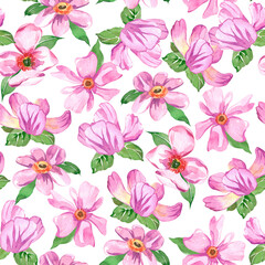 Watercolor botanical seamless pattern wild flowers and garden plants. Hand drawn leaves, pink flowers, herbs and natural elements. For decorations, scrapbooking, cards for birthday, party,baby shower.