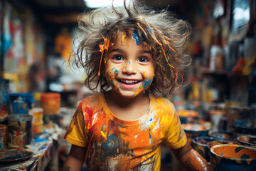 Close-up of cute child covered in paint, playing.