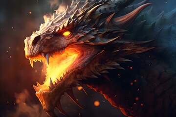Head of a fire spitting dragon with a dark background - obrazy, fototapety, plakaty