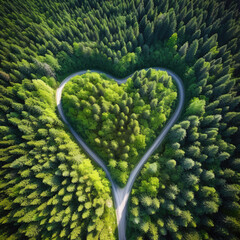 Aerial view of thick green forest in summer with road cutting through it in the form of a heart