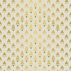 Golden geometric pattern with small Christmas trees. Abstract seamless vector background for wrapping paper, textiles, interior decoration and stationary.