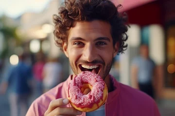 Fotobehang Handsome adult man eating a donut at outdoors © luismolinero