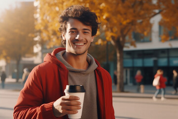Handsome adult man holding a take away coffee at outdoors - obrazy, fototapety, plakaty