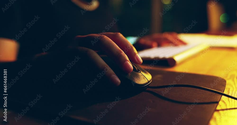 Aufkleber Hands working, computer and mouse for night research, online review and programming or information technology. Person, software programmer or worker scroll on internet for system update and coding
