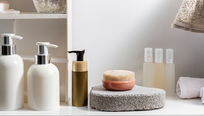 Spa and beauty product presentation scene made with porous stone podium near the cosmetic tubes and accessories on white bathroom shelf