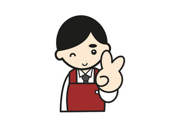 ピースサインをする店員