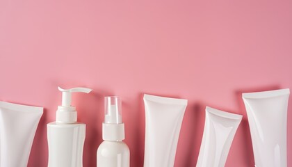 Skincare concept. Top above overhead view photo of white tubes and bottles isolated on pink background with copyspace - obrazy, fototapety, plakaty
