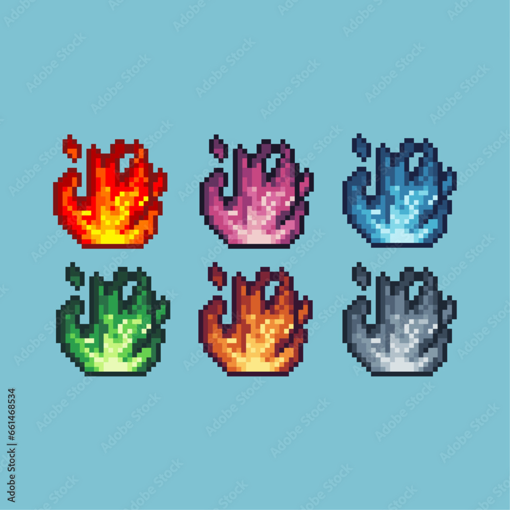 Poster pixel art sets of fire with variation color item asset. simple bits of fire on pixelated style. 8bit