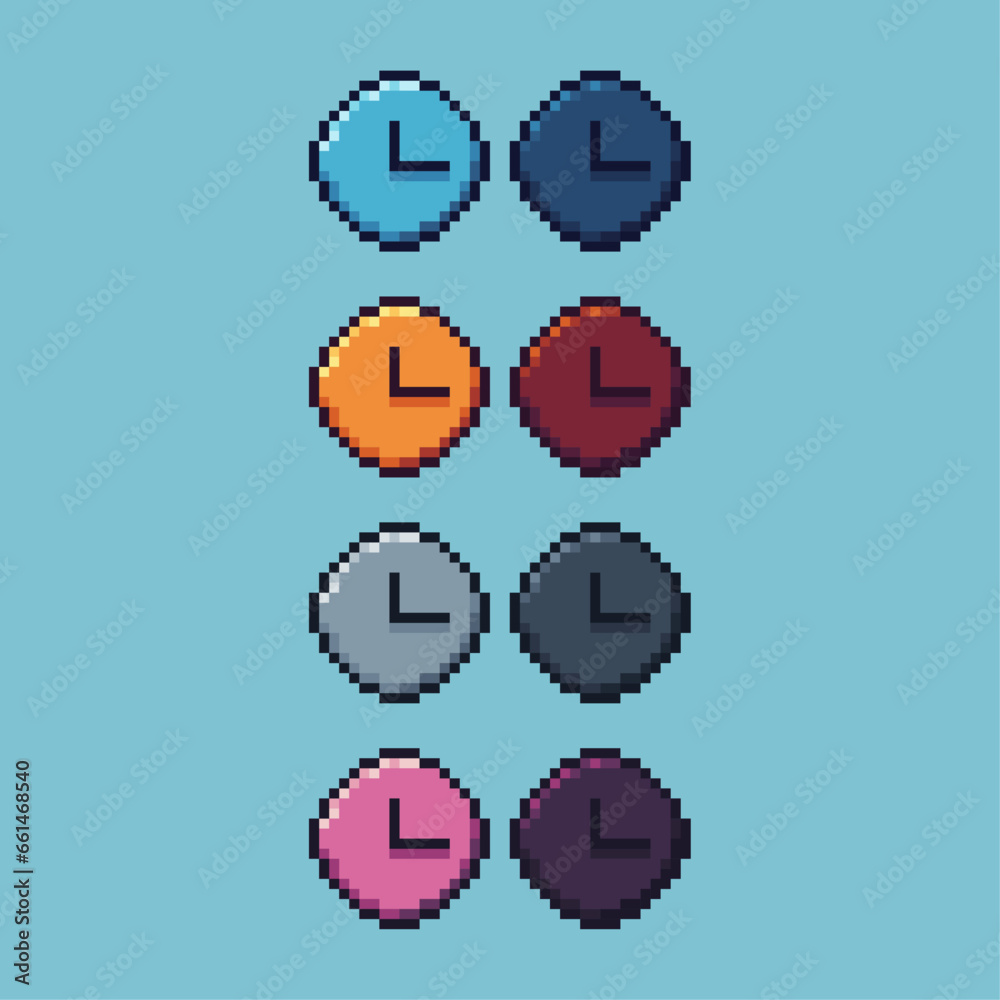 Poster pixel art sets of gold clock with variation color item asset. simple bits of clock on pixelated styl