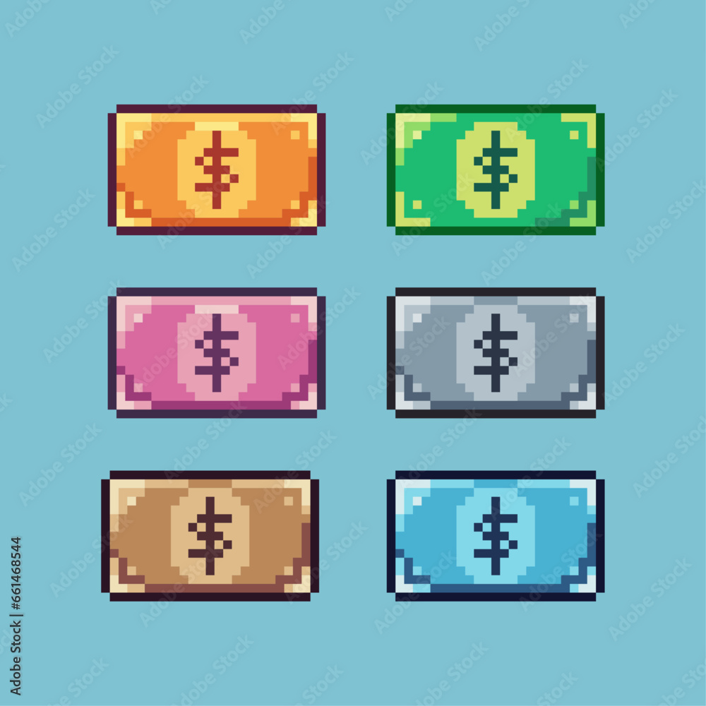 Poster pixel art sets of business paper money with variation color item asset. simple bits of money paper o