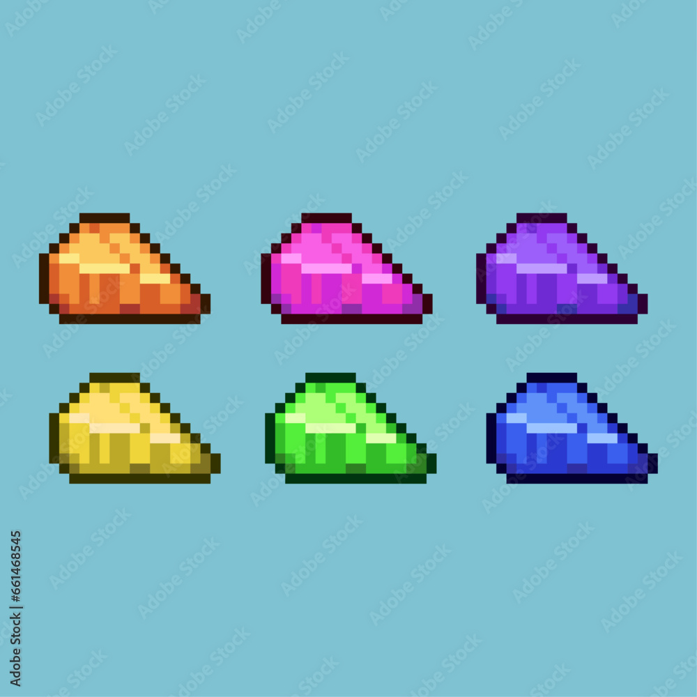 Poster pixel art sets of cheese food with variation color item asset. simple bits of cheese on pixelated st
