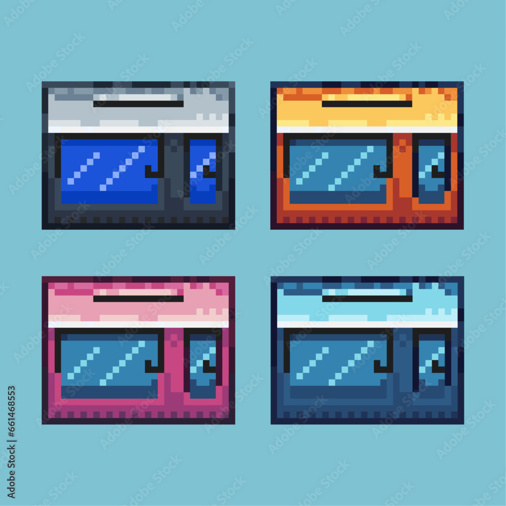 Poster pixel art sets of microwave with variation color item asset. simple bits of microwave on pixelated s