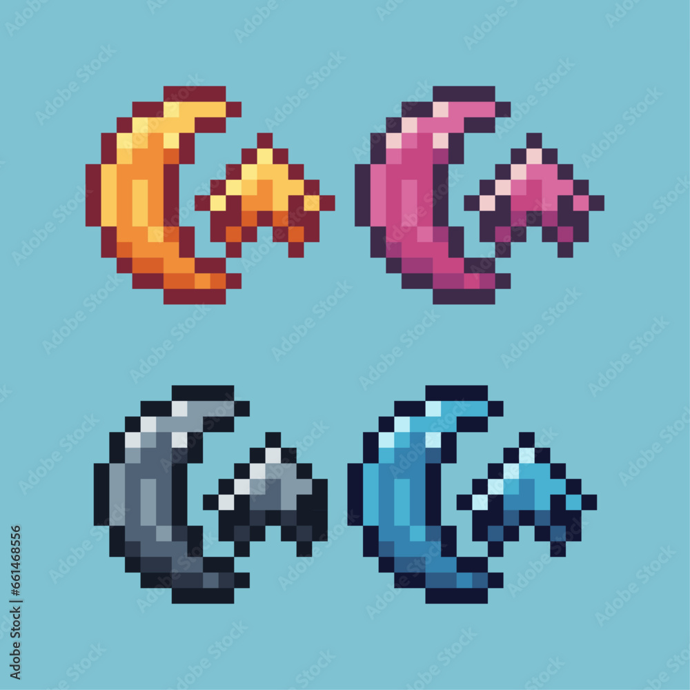 Poster pixel art sets of moon and star with variation color item asset. simple bits of moon star on pixelat