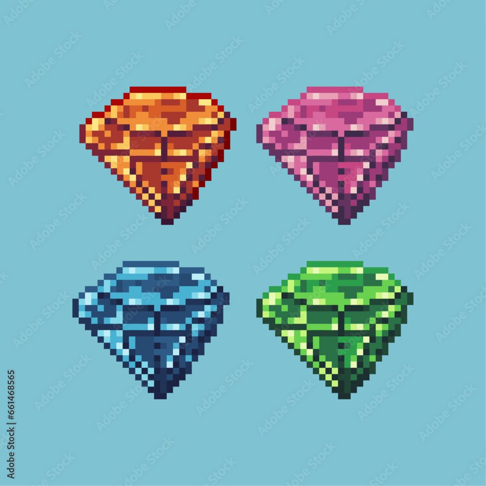 Fototapete pixel art sets of diamond with variation color item asset. simple bits of crystal on pixelated style