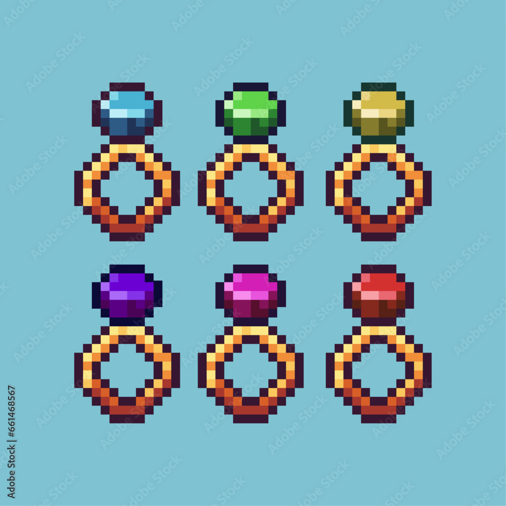 Poster pixel art sets of rings with variation color item asset. simple bits of rings jewelry on pixelated s