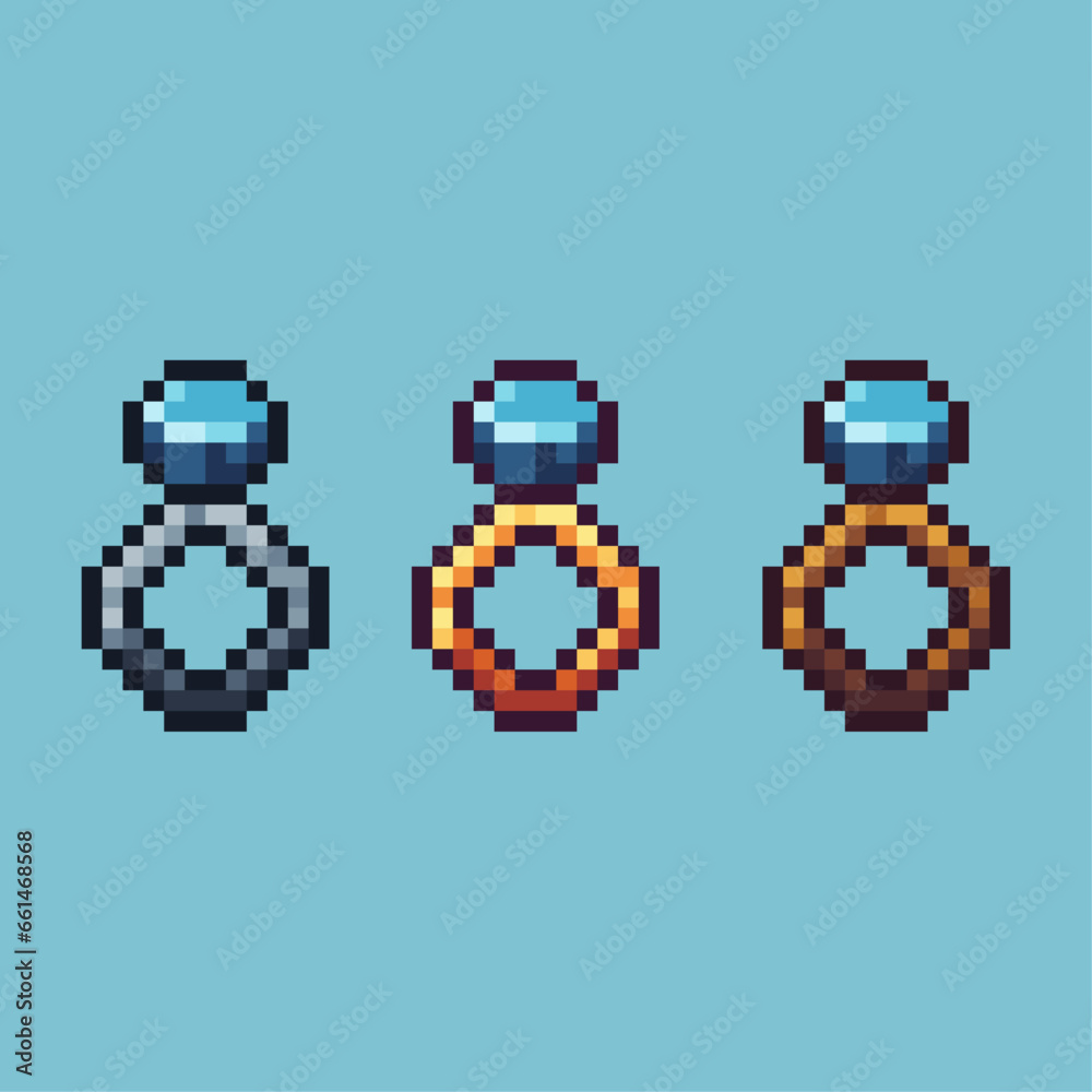 Poster pixel art sets of rings with blue gems with variation color item asset. simple bits of rings on pixe