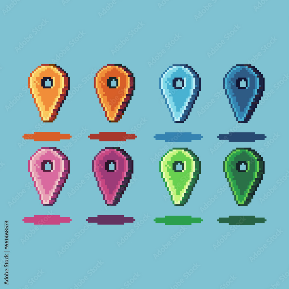 Poster pixel art sets of pin point with variation color item asset. simple bits of golden pin point on pixe