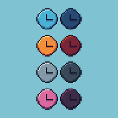 Pixel art sets of gold clock with variation color item asset. Simple bits of clock on pixelated style. 8bits perfect for game asset or design asset element for your game design asset.
