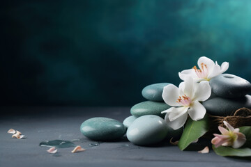 Obraz na płótnie Canvas Spa calming background with zen stones and lotus flowers with copy space