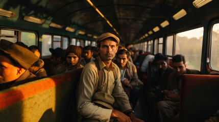 Retro photo of indian people travel by train. - obrazy, fototapety, plakaty