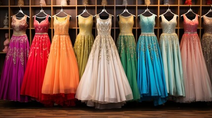 colorful women clothes hanging on hangers 