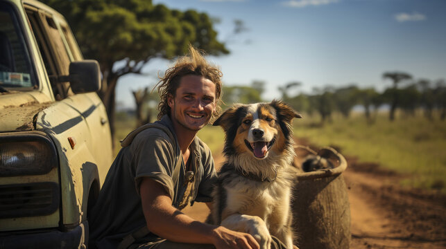 Man with his dog on safari in the countryside of Australia.