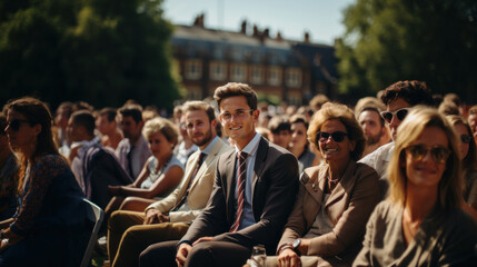 Group of british people sitting and listening to the concert at local event. - obrazy, fototapety, plakaty
