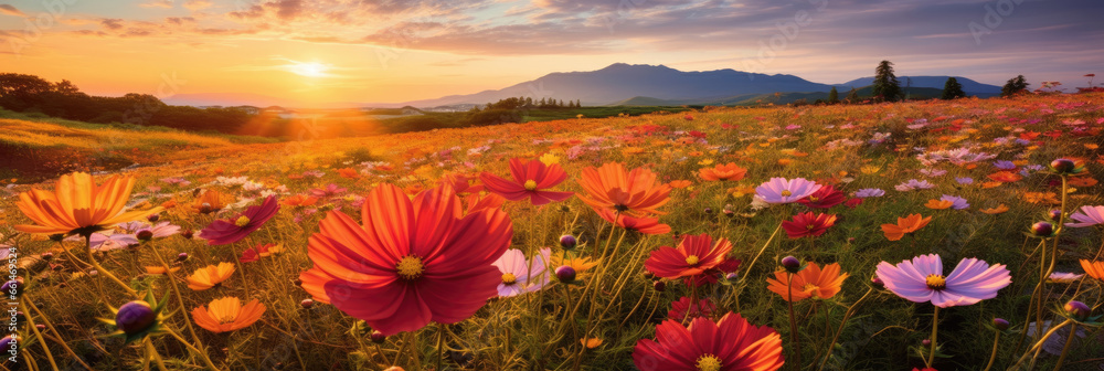 Poster Japan Panoramic meadow with cosmos flowers in sunrise mountains background 