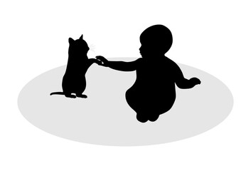 Adorable baby petting cute cat. Baby and cat silhouettes. Home animal. Black vector illustrations. 