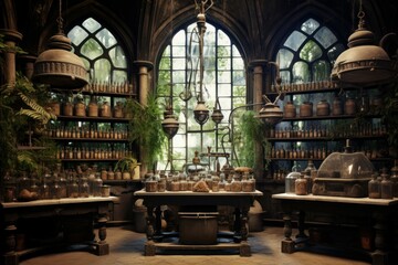Alchemical wizard laboratory. Magic lab ancient. Generate Ai - obrazy, fototapety, plakaty