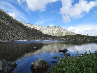 lake in the mountains, reflection, snow