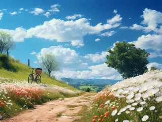 A Bicycle On A Dirt Road With Flowers And Trees