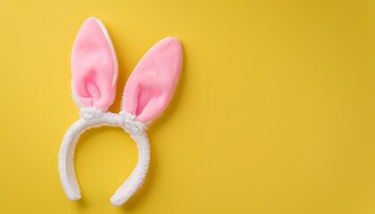 Top view of the white and pink rabbit ears headband on yellow background copy space